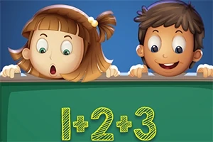 Doi copii animați privesc curioși peste un tablou pe care este scris 1+2+3