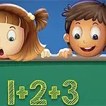 Doi copii animați privesc curioși peste un tablou pe care este scris 1+2+3