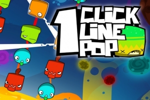 Personaje animate colorate, cu fețe expresive, și un text mare 1 Click Line Pop pe un fundal abstract