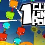 Personaje animate colorate, cu fețe expresive, și un text mare 1 Click Line Pop pe un fundal abstract