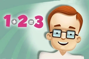 Un personaj animat zâmbitor cu ochelari și păr castaniu, alături de ecuația matematică 1 + 2 = 3 pe un fundal verde