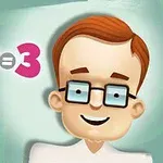 Un personaj animat zâmbitor cu ochelari și păr castaniu, alături de ecuația matematică 1 + 2 = 3 pe un fundal verde