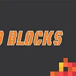 Textul „10 Blocks” în font portocaliu este centrat pe un fundal gri închis, încadrat de modele de blocuri colorate pixelate în colțuri