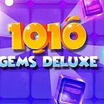 Text colorat „1010 Gems Deluxe” cu pietre prețioase multicolore pe fundal violet