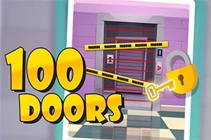 Text colorat „100 Doors” în fața unei uși baricadate cu benzi de avertizare și imaginea unei chei galbene