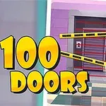 Text colorat „100 Doors” în fața unei uși baricadate cu benzi de avertizare și imaginea unei chei galbene