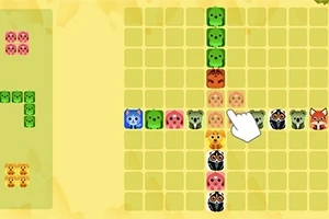 Reprezentare a unui joc puzzle cu blocuri de animale colorate și un cursor care indică o mișcare