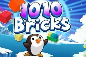 Textul „1010 Bricks” deasupra unui pinguin drăguț cu un fundal de cuburi colorate zburătoare și peisaj înghețat
