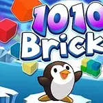 Textul „1010 Bricks” deasupra unui pinguin drăguț cu un fundal de cuburi colorate zburătoare și peisaj înghețat