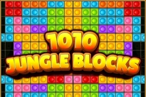 Blocuri colorate în diverse forme pe un fundal de tip grilă, cu textul „1010 Jungle Blocks” evidențiat în centru