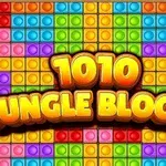 Blocuri colorate în diverse forme pe un fundal de tip grilă, cu textul „1010 Jungle Blocks” evidențiat în centru