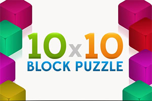 Cuburi colorate 3D în jurul textului „10x10 BLOCK PUZZLE pe fundal alb