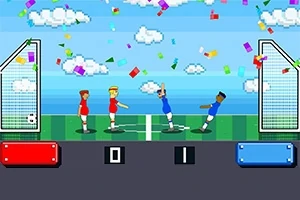 Două echipe de fotbal pixelate, una în roșu și alta în albastru, sar pe un teren între două porți, cu confeti multicolore și nori pe fundal