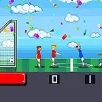 Două echipe de fotbal pixelate, una în roșu și alta în albastru, sar pe un teren între două porți, cu confeti multicolore și nori pe fundal