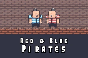 Doi pirați pixel art cu cămăși dungate albastre și roșii, stând pe o platformă de cărămidă, cu textul Red & Blue Pirates dedesubt