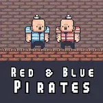 Doi pirați pixel art cu cămăși dungate albastre și roșii, stând pe o platformă de cărămidă, cu textul Red & Blue Pirates dedesubt