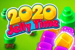 Text colorat 2020 Jelly Time pe un fundal verde cu copaci stilizați și blocuri de jeleu mov și galbene