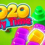 Text colorat 2020 Jelly Time pe un fundal verde cu copaci stilizați și blocuri de jeleu mov și galbene