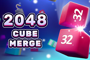 Două cuburi roz cu numărul 32 plutind pe un fundal albastru, alături de textul „2048 CUBE MERGE