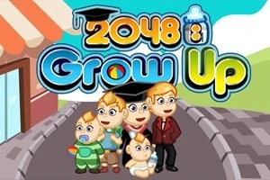 Un grup de personaje stilizate care includ un adult și mai mulți copii în fața unui peisaj urban, cu text colorat în partea de sus 2048 Grow Up