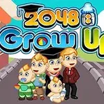 Un grup de personaje stilizate care includ un adult și mai mulți copii în fața unui peisaj urban, cu text colorat în partea de sus 2048 Grow Up