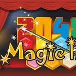 Text colorat 2048 Magic Hex cu elemente de magie pe un fundal întunecat, încadrat de cortine roșii