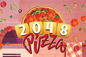 Pizza cu felii de roșii și textul mare „2048 Pizza pe fundal roz decorat cu ingrediente
