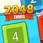 Cifre colorate ilustrând numerele 2, 4 și 8 pe fundal colorat, cu titlul 2048 Threes