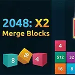 Blocuri colorate numerotate, cu titlul „2048: X2 Merge Blocks” în colțul stâng și un bloc roz strălucitor cu numărul 2048 în partea de sus