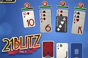 Masa de joc virtuală cu cărți de joc aranjate, scoruri afișate deasupra fiecărei coloane și titlul „21Blitz” în partea stângă jos