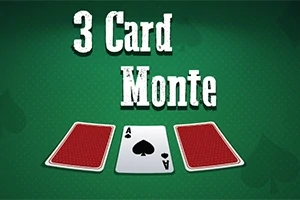 Trei cărți de joc pe o masă verde, două cu fața în jos și una cu fața în sus, arătând un as de pică, sub textul 3 Card Monte