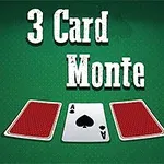 Trei cărți de joc pe o masă verde, două cu fața în jos și una cu fața în sus, arătând un as de pică, sub textul 3 Card Monte