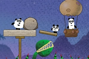 Trei urși panda desenați într-un stil animat, cu diverse obiecte precum o bilă, un balon cu aer cald și platforme din lemn, pe un fundal montan nocturn