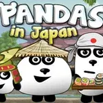 Trei urși panda costumați în stil tradițional japonez, cu fundal verde și titlul 3 Pandas in Japan deasupra