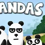 Trei urși panda desenați stau pe o plajă, cu un vas cu pânze și palmieri în fundal, iar deasupra lor scrie 3 Pandas