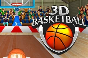 Un teren de baschet cu un coș și minge, însoțit de un logo mare cu text 3D Basketball în fața tribunelor pline de spectatori animați
