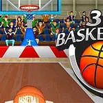 Un teren de baschet cu un coș și minge, însoțit de un logo mare cu text 3D Basketball în fața tribunelor pline de spectatori animați