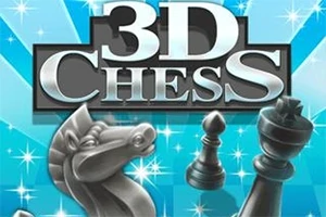Textul 3D Chess pe un fundal albastru cu piese de șah în prim-plan, inclusiv un cal, un pion și o regină