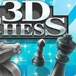 Textul 3D Chess pe un fundal albastru cu piese de șah în prim-plan, inclusiv un cal, un pion și o regină