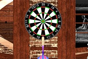 Tablă de darts montată pe un perete de cărămidă, cu o săgeată amplasată lângă