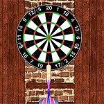 Tablă de darts montată pe un perete de cărămidă, cu o săgeată amplasată lângă