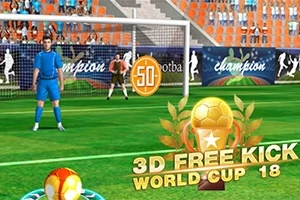 Jucător de fotbal pregătit să execute o lovitură liberă în fața unui portar pe un stadion plin, cu un banner 3D Free Kick World Cup 18