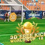 Jucător de fotbal pregătit să execute o lovitură liberă în fața unui portar pe un stadion plin, cu un banner 3D Free Kick World Cup 18