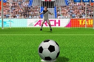 Un portar pregătit să apere, cu o minge de fotbal poziționată în prim-plan pe gazonul terenului