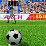 Un portar pregătit să apere, cu o minge de fotbal poziționată în prim-plan pe gazonul terenului