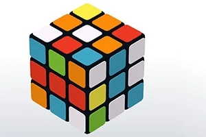 Un cub colorat, compus din piese albe, roșii, galbene, portocalii, verzi și albastre, prezentat într-un mod tridimensional
