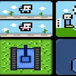 Imaginea prezintă patru scene pixelate, inclusiv două personaje pe o platformă, două personaje cu o minge de fotbal, un tanc albastru și un ciocan pe un fundal albastru