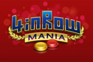 Logo colorat cu textul 4 in Row Mania pe un fundal roșu, având două jetoane galben și roșu în partea de jos