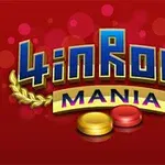 Logo colorat cu textul 4 in Row Mania pe un fundal roșu, având două jetoane galben și roșu în partea de jos