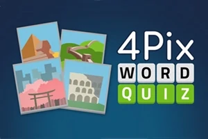 Patru imagini ilustrative suprapuse lângă textul „4Pix Word Quiz” pe un fundal albastru